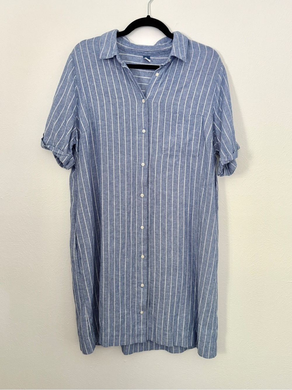 Old Navy Linen Blend Blue and White Vertical-Stripe Short-Sleeve Button Dress